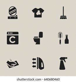 Set Of 9 Editable Hygiene Icons. Includes Symbols Such As Whisk, Restroom, Wall Mirror And More. Can Be Used For Web, Mobile, UI And Infographic Design.