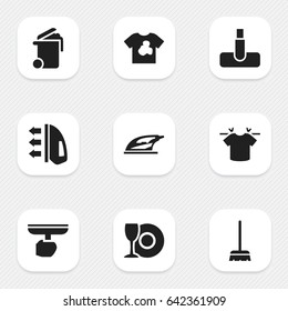 Set Of 9 Editable Hygiene Icons. Includes Symbols Such As Plate, Clean T-Shirt, Steam And More. Can Be Used For Web, Mobile, UI And Infographic Design.
