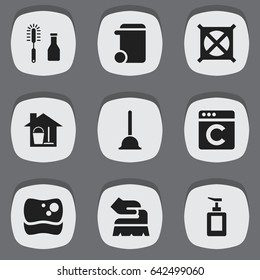 Set Of 9 Editable Hygiene Icons. Includes Symbols Such As Bucket With Mop, Dustbin, Scrub And More. Can Be Used For Web, Mobile, UI And Infographic Design.