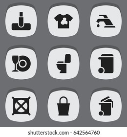 Set Of 9 Editable Hygiene Icons. Includes Symbols Such As No Laundry, Pail, Plate And More. Can Be Used For Web, Mobile, UI And Infographic Design.