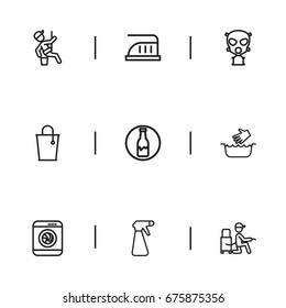 Set Of 9 Editable Hygiene Icons. Includes Symbols Such As Vacuuming, Spray, Washer Machine And More. Can Be Used For Web, Mobile, UI And Infographic Design.