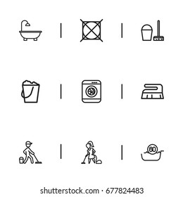 Set Of 9 Editable Hygiene Icons. Includes Symbols Such As Brush, Bucketful, Washer Machine And More. Can Be Used For Web, Mobile, UI And Infographic Design.