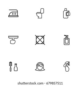 Set Of 9 Editable Hygiene Outline Icons. Includes Symbols Such As Window Cleaner, Maximum Power, Maid And More. Can Be Used For Web, Mobile, UI And Infographic Design.