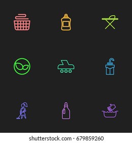 Set Of 9 Editable Hygiene Outline Icons. Includes Symbols Such As Tidy, Leaves, Washing Liquid And More. Can Be Used For Web, Mobile, UI And Infographic Design.