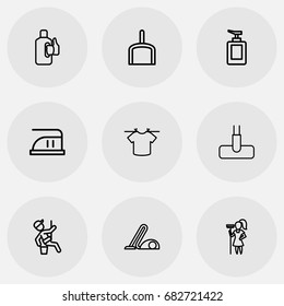 Set Of 9 Editable Hygiene Outline Icons. Includes Symbols Such As Medium Heat, Fluid Soap, Sweeper And More. Can Be Used For Web, Mobile, UI And Infographic Design.