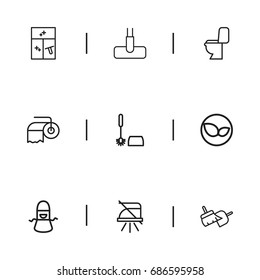 Set Of 9 Editable Hygiene Outline Icons. Includes Symbols Such As Sweeper, Toilet Brush, Leaves And More. Can Be Used For Web, Mobile, UI And Infographic Design.