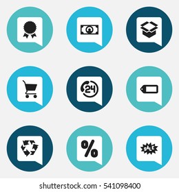 Set Of 9 Editable  Icons. Includes Symbols Such As Backing Call, Discount Tag, Label And More. Can Be Used For Web, Mobile, UI And Infographic Design.