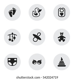 Set Of 9 Editable  Icons. Includes Symbols Such As Soothers, Adorn, Teddy And More. Can Be Used For Web, Mobile, UI And Infographic Design.