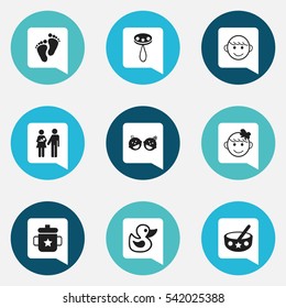 Set Of 9 Editable  Icons. Includes Symbols Such As Footmark, Lineage, Bath Toys And More. Can Be Used For Web, Mobile, UI And Infographic Design.