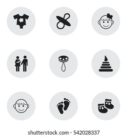 Set Of 9 Editable  Icons. Includes Symbols Such As Merry Children, Lineage, Soothers And More. Can Be Used For Web, Mobile, UI And Infographic Design.