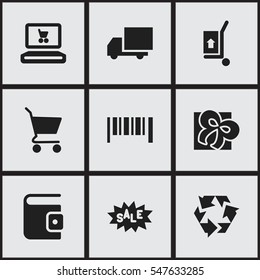 Set Of 9 Editable  Icons. Includes Symbols Such As Reuse, Freight Delivery, Billfold And More. Can Be Used For Web, Mobile, UI And Infographic Design.