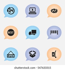 Set Of 9 Editable  Icons. Includes Symbols Such As Discount Tag, Explicit, Badge And More. Can Be Used For Web, Mobile, UI And Infographic Design.