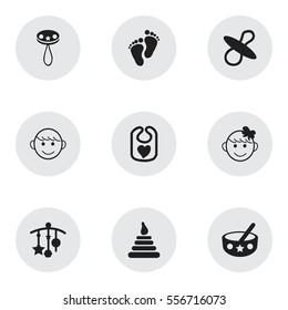 Set Of 9 Editable  Icons. Includes Symbols Such As Soothers, Rattle, Merry Children And More. Can Be Used For Web, Mobile, UI And Infographic Design.