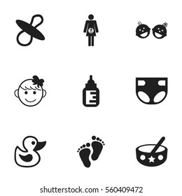 Set Of 9 Editable  Icons. Includes Symbols Such As Footmark, Soothers, Nursing Bottle And More. Can Be Used For Web, Mobile, UI And Infographic Design.