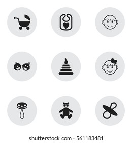 Set Of 9 Editable  Icons. Includes Symbols Such As Teddy, Stroller, Soothers And More. Can Be Used For Web, Mobile, UI And Infographic Design.