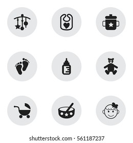 Set Of 9 Editable  Icons. Includes Symbols Such As Pinafore, Cheerful Child, Teddy And More. Can Be Used For Web, Mobile, UI And Infographic Design.