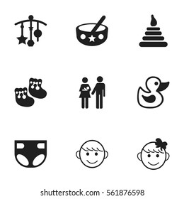 Set Of 9 Editable  Icons. Includes Symbols Such As Tower, Lineage, Merry Children And More. Can Be Used For Web, Mobile, UI And Infographic Design.