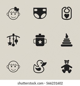 Set Of 9 Editable  Icons. Includes Symbols Such As Goplet, Merry Children, Cheerful Child And More. Can Be Used For Web, Mobile, UI And Infographic Design.