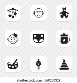 Set Of 9 Editable  Icons. Includes Symbols Such As Nappy, Adorn, Cheerful Child And More. Can Be Used For Web, Mobile, UI And Infographic Design.