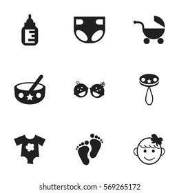 Set Of 9 Editable  Icons. Includes Symbols Such As Rattle, Spoon, Nappy And More. Can Be Used For Web, Mobile, UI And Infographic Design.