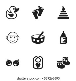 Set Of 9 Editable  Icons. Includes Symbols Such As Spoon, Nursing Bottle, Footmark And More. Can Be Used For Web, Mobile, UI And Infographic Design.