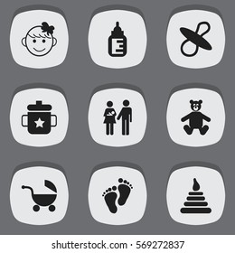 Set Of 9 Editable  Icons. Includes Symbols Such As Soothers, Nursing Bottle, Goplet And More. Can Be Used For Web, Mobile, UI And Infographic Design.