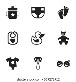 Set Of 9 Editable  Icons. Includes Symbols Such As Footmark, Goplet, Rattle And More. Can Be Used For Web, Mobile, UI And Infographic Design.