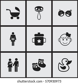 Set Of 9 Editable  Icons. Includes Symbols Such As Pregnancy, Lineage, Rattle And More. Can Be Used For Web, Mobile, UI And Infographic Design.