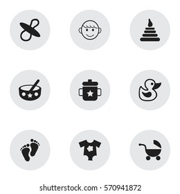 Set Of 9 Editable  Icons. Includes Symbols Such As Soothers, Goplet, Small Dresses And More. Can Be Used For Web, Mobile, UI And Infographic Design.