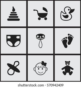 Set Of 9 Editable  Icons. Includes Symbols Such As Soothers, Teddy, Rattle And More. Can Be Used For Web, Mobile, UI And Infographic Design.