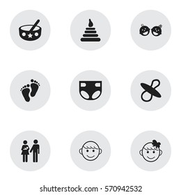 Set Of 9 Editable  Icons. Includes Symbols Such As Twins Babies, Spoon, Tower And More. Can Be Used For Web, Mobile, UI And Infographic Design.