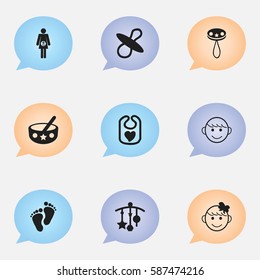 Set Of 9 Editable  Icons. Includes Symbols Such As Pinafore, Pregnancy, Merry Children And More. Can Be Used For Web, Mobile, UI And Infographic Design.