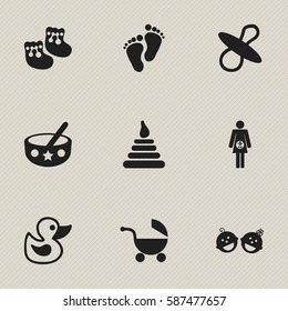 Set Of 9 Editable  Icons. Includes Symbols Such As Tower, Footmark, Shoes For Babies And More. Can Be Used For Web, Mobile, UI And Infographic Design.