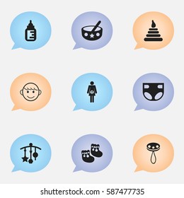 Set Of 9 Editable  Icons. Includes Symbols Such As Tower, Merry Children, Adorn And More. Can Be Used For Web, Mobile, UI And Infographic Design.