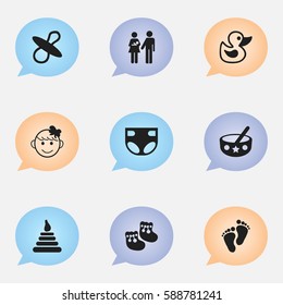 Set Of 9 Editable  Icons. Includes Symbols Such As Tower, Soothers, Nappy And More. Can Be Used For Web, Mobile, UI And Infographic Design.