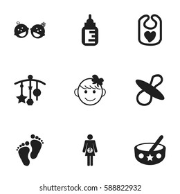 Set Of 9 Editable  Icons. Includes Symbols Such As Pinafore, Cheerful Child, Adorn And More. Can Be Used For Web, Mobile, UI And Infographic Design.