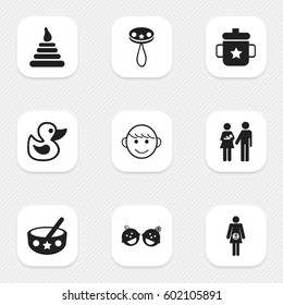 Set Of 9 Editable  Icons. Includes Symbols Such As Bath Toys, Twins Babies, Merry Children And More. Can Be Used For Web, Mobile, UI And Infographic Design.