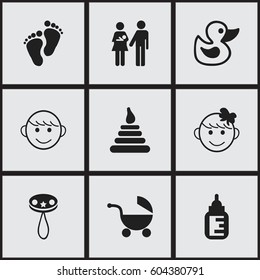 Set Of 9 Editable  Icons. Includes Symbols Such As Merry Children, Lineage, Rattle And More. Can Be Used For Web, Mobile, UI And Infographic Design.