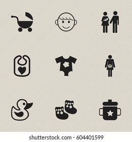 Set Of 9 Editable  Icons. Includes Symbols Such As Stroller, Merry Children, Goplet And More. Can Be Used For Web, Mobile, UI And Infographic Design.