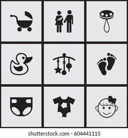 Set Of 9 Editable  Icons. Includes Symbols Such As Nappy, Bath Toys, Lineage And More. Can Be Used For Web, Mobile, UI And Infographic Design.