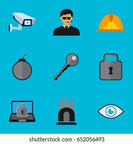 Set Of 9 Editable  Icons. Includes Symbols Such As Alarm, Close, Security Camera And More. Can Be Used For Web, Mobile, UI And Infographic Design.