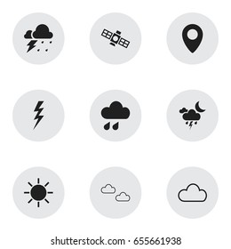 Set Of 9 Editable  Icons. Includes Symbols Such As Sputnik, Rainstorm, Storm And More. Can Be Used For Web, Mobile, UI And Infographic Design.