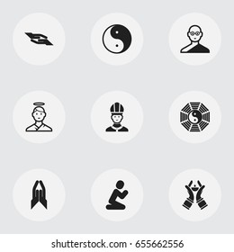 Set Of 9 Editable Icons. Includes Symbols Such As Taoism, Cherub, Christian And More. Can Be Used For Web, Mobile, UI And Infographic Design.