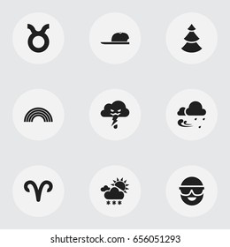 Set Of 9 Editable  Icons. Includes Symbols Such As Tempest, Snowy Weather, Rainbow And More. Can Be Used For Web, Mobile, UI And Infographic Design.