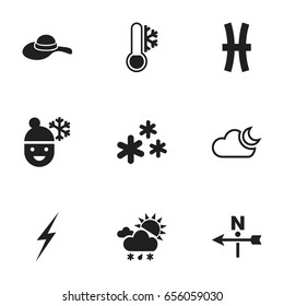 Set Of 9 Editable  Icons. Includes Symbols Such As Wind Direction, Boy In Winter, Snowflakes And More. Can Be Used For Web, Mobile, UI And Infographic Design.