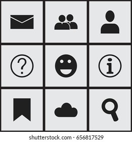 Set Of 9 Editable  Icons. Includes Symbols Such As Tag, Emoji, Quiz And More. Can Be Used For Web, Mobile, UI And Infographic Design.
