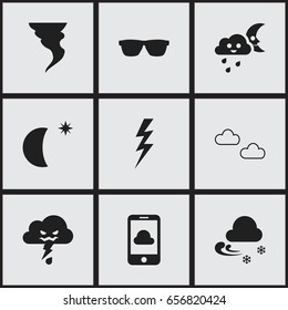Set Of 9 Editable  Icons. Includes Symbols Such As Thunderstroke, Tornado, Thunderstorm And More. Can Be Used For Web, Mobile, UI And Infographic Design.