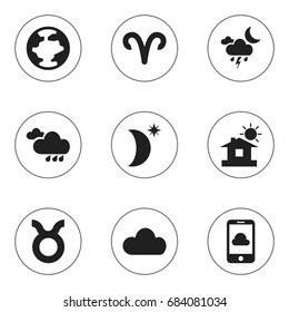 Set Of 9 Editable Icons. Includes Symbols Such As Rainy Autumn, Phone, Night Sky And More. Can Be Used For Web, Mobile, UI And Infographic Design.