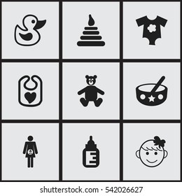 Set Of 9 Editable Infant Icons. Includes Symbols Such As Tower, Nursing Bottle, Spoon And More. Can Be Used For Web, Mobile, UI And Infographic Design.