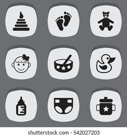 Set Of 9 Editable Infant Icons. Includes Symbols Such As Footmark, Nursing Bottle, Goplet And More. Can Be Used For Web, Mobile, UI And Infographic Design.